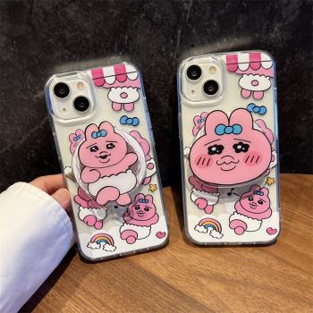 愛珀客 搞怪可愛粉色兔子磁吸支架適用蘋果16手機殼iPhone15promax透明13pro女12/11創意防摔14Pro矽膠保護套