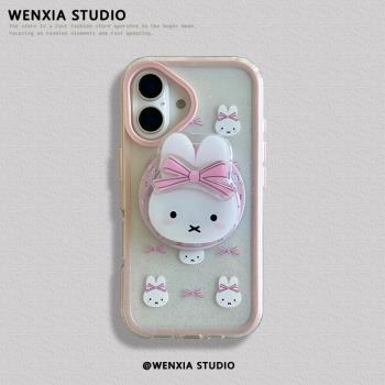 粉色蝴蝶結兔子磁吸支架適用16手機殼15ProMax新款iPhone14透明iPhone13矽膠16ProMax軟殼14ProMax卡通可愛女