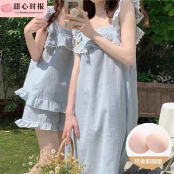 帶胸墊睡衣女士夏季天吊帶無袖可愛睡裙卡通公主風新款家居服套裝