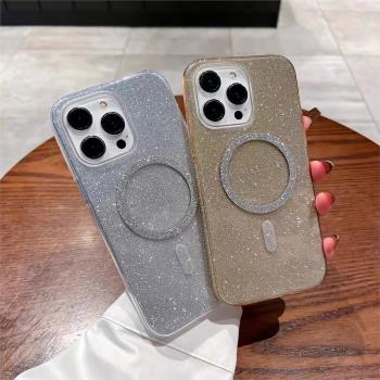不會撞殼新款適用於iphone16promax手機殼磁吸15plus無線充電14pro細閃高階感13二合一閃粉15女款加厚防摔12