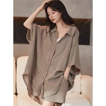 夏季純棉睡衣女襯衫中款短袖條紋休閑可外穿大碼夏天家居服兩件套