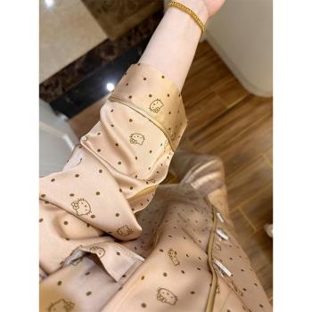 春秋季長袖冰絲睡衣女款可愛波點HelloKitty夏天高階感家居服套裝