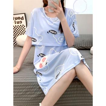 哺乳睡裙女夏季短袖產後孕婦月子餵奶連衣裙薄款待產裙吃母乳睡衣