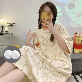 睡裙少女夏季短袖純棉帶胸墊卡通寬松2023年新款連衣裙家居裙睡衣