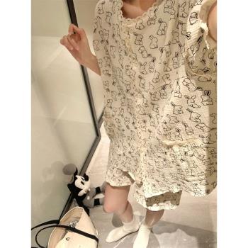夏季睡衣女生可愛兔子甜美花邊短袖短褲家居服套裝薄款2025年新款