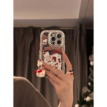 日韓甜妹鏡面英文房子KT適用蘋果15promax手機殼iphone13新款12創意14女掛繩14promax全包軟15pro防摔手機套