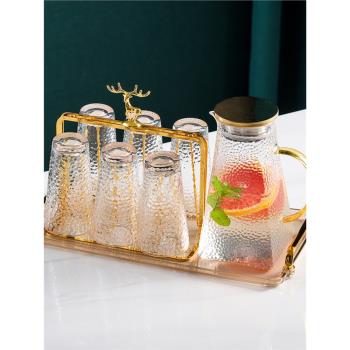 現代輕奢水杯套裝北歐客廳金邊錘紋玻璃茶壺茶杯喝水杯子家庭套裝