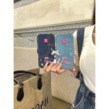 港風刺繡翻蓋牛仔適用蘋果14promax手機殼iphone13女款14pro新款12保護套11防摔14軟殼16pro矽膠小眾創意少女