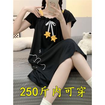 睡裙夏季女款純棉短袖寬松大碼200斤可外穿胖女孩夏天睡衣家居服