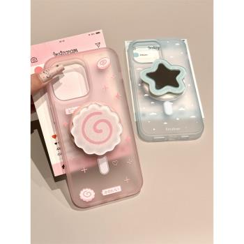 ins簡約淺粉星星壽司樂支架適用iphone16手機殼蘋果16promax新款15promax少女心款14雙層13全包15防摔保護套