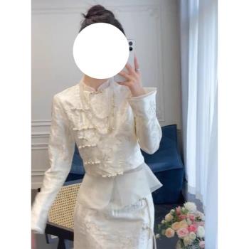 新中式國風小洋裝名媛高階白色唐裝盤扣上衣半身裙兩件套裝女春季