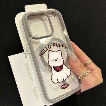 波點狗狗膚感磁吸鈦合金灰適用iphone15pro蘋果13手機保護殼16promax透明14防摔15無線充電magsafe保護套16
