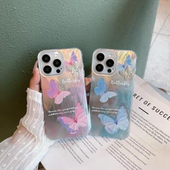 水鉆蝴蝶適用蘋果16 15 14手機殼iPhone11 12日韓IMD羽紗13mini夢幻蝴蝶7P XR高階ins保護套唯美高檔