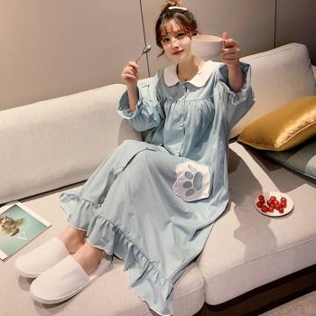 春秋季純棉長袖睡裙女寬松大碼胖mm孕婦睡衣加大長款月子家居服裙