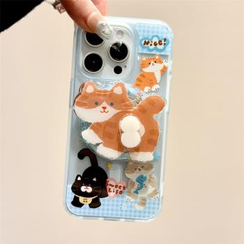 日韓ins可愛油畫貓咪旋轉磁吸支架適用於iphone16promax蘋果14手機殼15新款15pro女16磨砂13pm矽膠創意防摔套