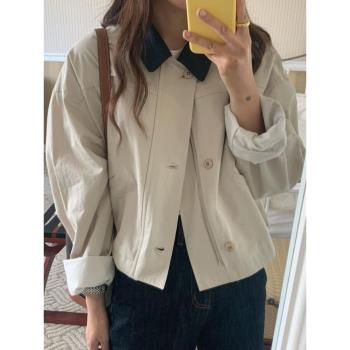 現貨｜春復古chic韓版寬松撞色領休閑短款上衣女短款風衣外套夾克