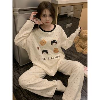 2024年新款睡衣女德絨長袖春秋季波點小熊冬天加厚加絨套裝家居服