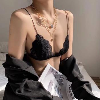 法式三角杯小胸無鋼圈內衣女超薄款夏季蕾絲純欲細帶美背前扣文胸
