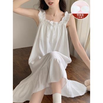 帶胸墊睡裙女夏季2024新款夏款純棉性感吊帶甜美夏天背心大碼睡衣
