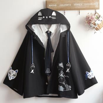 男女同款可愛混搭斗篷開衫古風狐貍刺繡貓咪寬松連帽大碼風衣外套