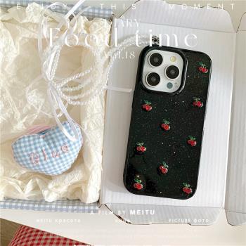 ins少女水鉆櫻桃適用蘋果16promx手機殼iPhone15軟殼14小眾13pro新款12mini滴膠殼xsmax xr防摔8p保護套