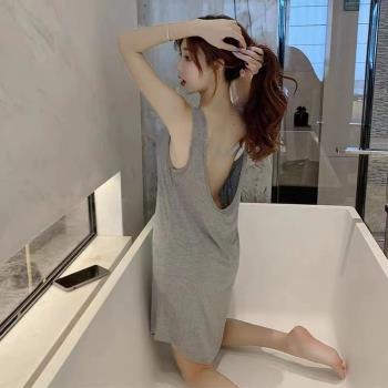 睡衣女夏季韓版性感睡裙中長款短袖大碼吊帶連衣裙露背寬松家居服