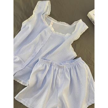 韓系少女藍色條紋睡衣女款2025新款夏天蕾絲邊背心短褲家居服套裝