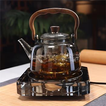 耐熱玻璃茶壺木把提樑壺蒸煮一體輕奢高檔電陶爐煮茶器圍爐煮茶