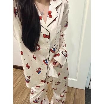 2025新款HelloKitty睡衣女春秋季夏冰絲長袖卡通甜美高階感家居服