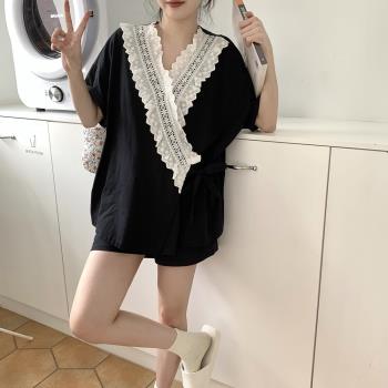 睡衣女春秋款2025年新款純棉短袖薄款蕾絲大碼家居服外穿夏季套裝