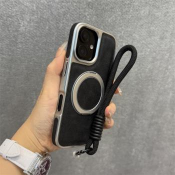 得樂適用蘋果16手機殼石墨黑旋轉支架iphone16promax電鍍皮紋15pro磁吸14輕奢男女13防摔個性高階感16plus