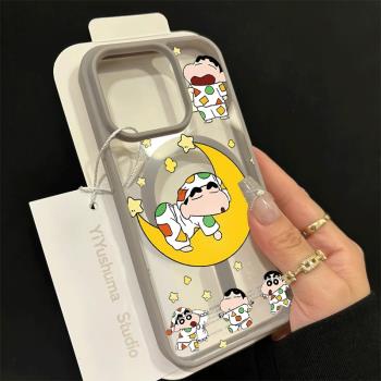 月亮小新膚感磁吸鈦金灰適用iphone15pro蘋果13手機殼16promax透明14防摔15無線充電magsafe保護套16車載12
