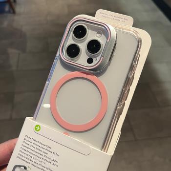 ins創意磁吸鏡頭蓋支架適用iPhone16pro蘋果14手機殼15ProMax新款11透明12高階感13男女14pro情侶plus防摔套