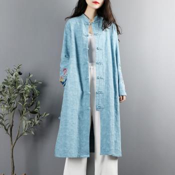 民族風復古刺繡棉麻上衣女春秋中長款盤扣開衫中國風薄款風衣外套