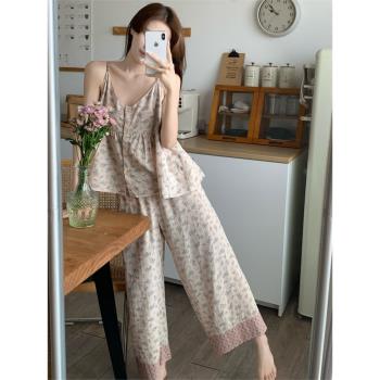 吊帶V領睡衣女款套裝夏季碎花薄款ins風性感寬松帶胸墊家居服套裝