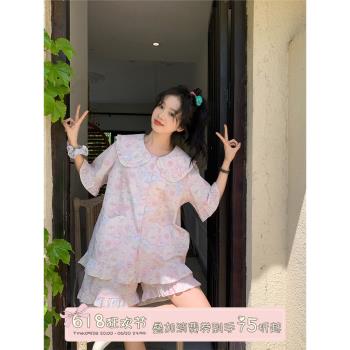馨幫幫Homedress 娃娃領可愛貓咪短袖睡衣女夏學生寬松舒適家居服
