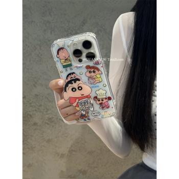 guanview 卡通可愛蠟筆小新吃零食適用iPhone15ProMax蘋果14手機殼13矽膠12新款支架15Pro雙層動漫11防摔套女