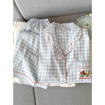 Baby藍格子臘腸狗大碼睡衣女春秋夏季雲朵棉紗長袖開衫休閑家居服