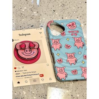 可愛卡通瑪莎豬旋轉愛心刺繡支架適用iphone16pro手機殼蘋果15保護套14全包防摔13新款16promax女款max超好看