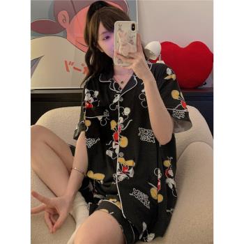 米奇可愛睡衣女夏季短袖特大碼200斤薄款加肥加大家居服開衫套裝
