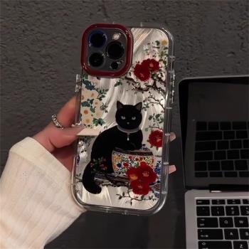 國風水墨畫梅花黑貓適用OPPOA5PRO手機殼A3I新款A2M防摔A1活力版A97/A96/A93S全包A58X/A55創意A72/A32保護套