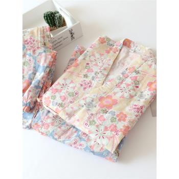女七分袖日系櫻花全棉和服睡衣