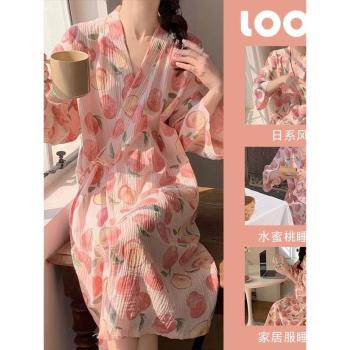 『水蜜桃』日系睡袍睡裙女夏季棉質紗布和服春秋薄款夏天浴袍睡衣