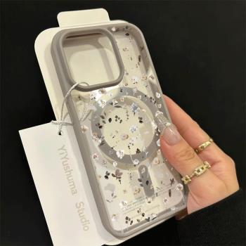 復古花膚感磁吸鈦金灰適用iphone15pro蘋果13手機殼16promax透明14防摔15無線充電magsafe保護套16車載12