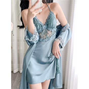 睡衣女2025年新款冰絲薄款蕾絲露背睡裙性感帶胸墊吊帶睡袍兩件套