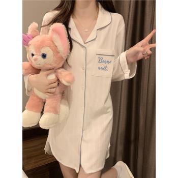 長袖睡裙女春秋純棉2025年新款性感火辣男友風襯衫字母白色睡衣裙