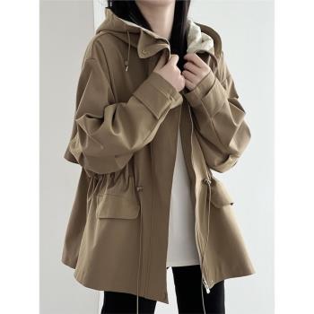 英倫風卡其色連帽風衣外套女秋冬季小個子加厚大衣休閑寬松派克服