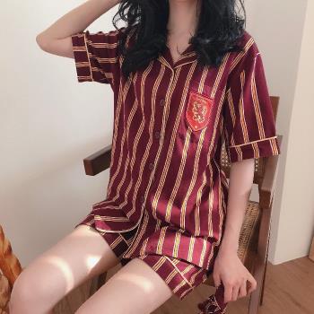 復古條紋哈利波特短袖短褲睡衣少女長袖純棉質情侶夏季家居服套裝