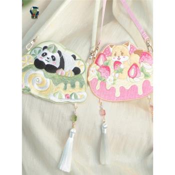 兒童動物熊貓可愛卡通男女孩漢服斜挎揹包中式刺繡古風寶寶腰錢包