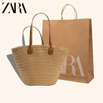 ZAR品牌草編包女大容量2025新款度假 沙灘水桶包菜籃編織托特包